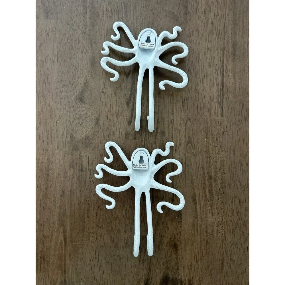 White Octopus Metal Wall Hooks Set of 2 Nautical Coastal Decorative Hangers